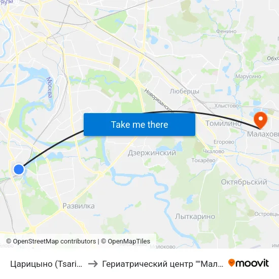 Царицыно (Tsaritsyno) to Гериатрический центр ""Малаховка"" map