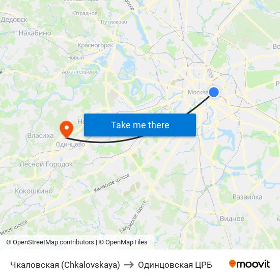 Чкаловская (Chkalovskaya) to Одинцовская ЦРБ map