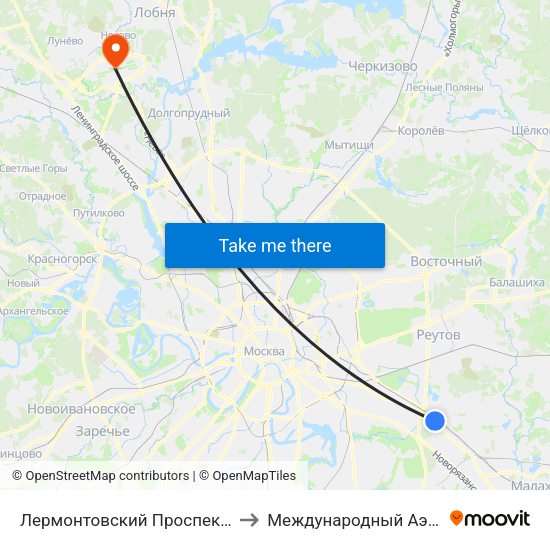 Лермонтовский Проспект (Lermontovsky Prospekt) to Международный Аэропорт Шереметьево map