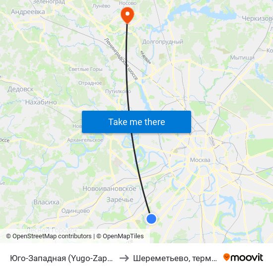 Юго-Западная (Yugo-Zapadnaya) to Шереметьево, терминал F map