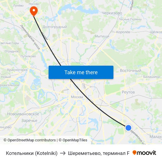 Котельники (Kotelniki) to Шереметьево, терминал F map