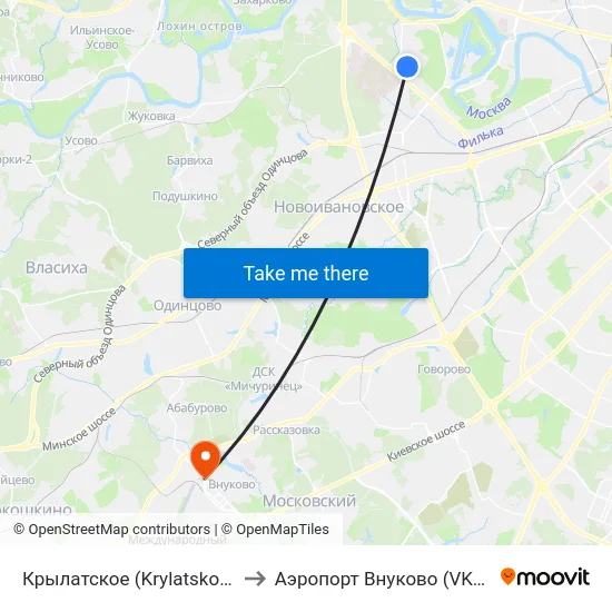 Крылатское (Krylatskoe) to Аэропорт Внуково (VKO) map