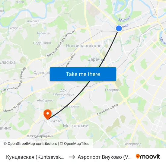 Кунцевская (Kuntsevskaya) to Аэропорт Внуково (VKO) map