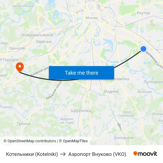 Котельники (Kotelniki) to Аэропорт Внуково (VKO) map