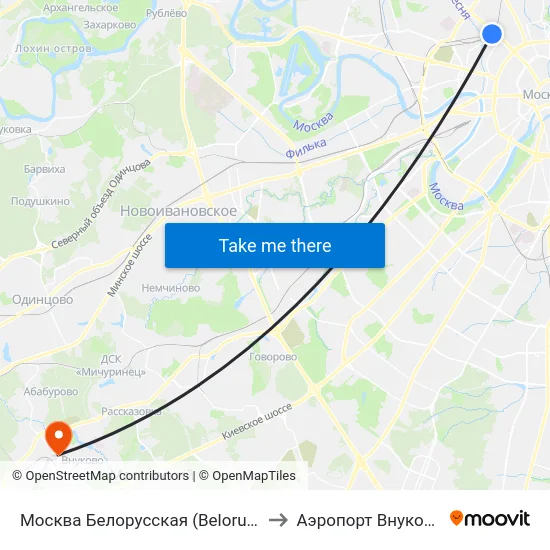 Москва Белорусская (Belorussky Station) to Аэропорт Внуково (VKO) map