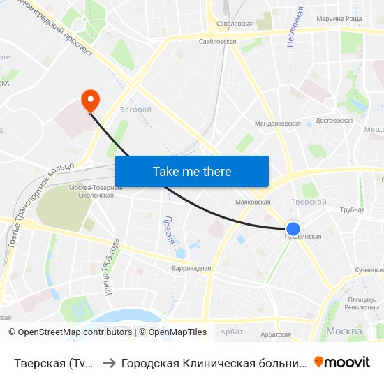 Тверская (Tverskaya) to Городская Клиническая больница им. Боткина map