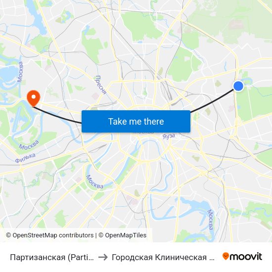 Партизанская (Partizanskaya) to Городская Клиническая больница 67 map