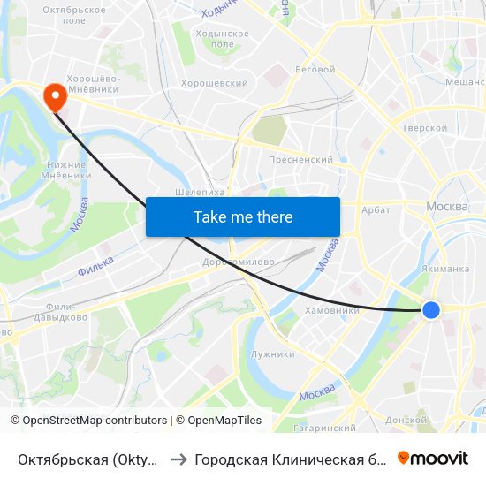 Октябрьская (Oktyabrskaya) to Городская Клиническая больница 67 map