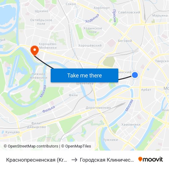 Краснопресненская (Krasnopresnenskaya) to Городская Клиническая больница 67 map