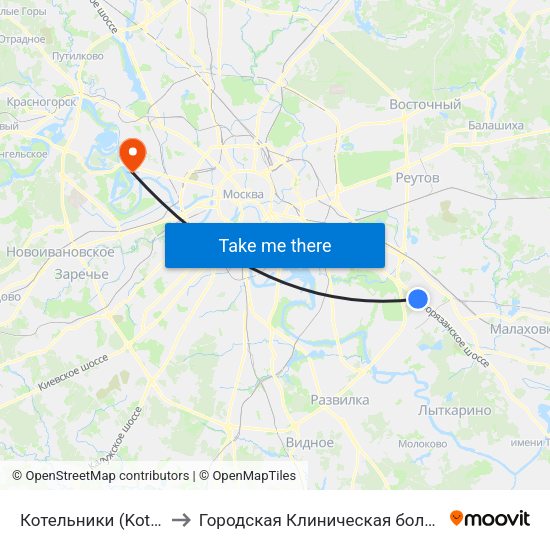 Котельники (Kotelniki) to Городская Клиническая больница 67 map