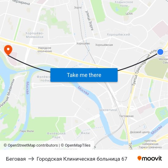 Беговая to Городская Клиническая больница 67 map