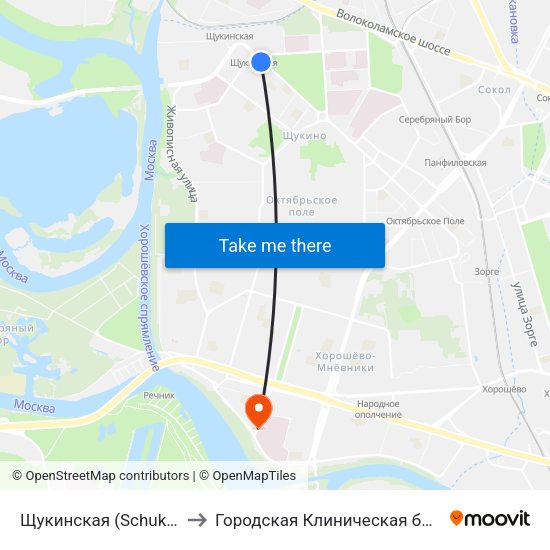 Щукинская (Schukinskaya) to Городская Клиническая больница 67 map