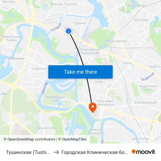 Тушинская (Tushinskaya) to Городская Клиническая больница 67 map
