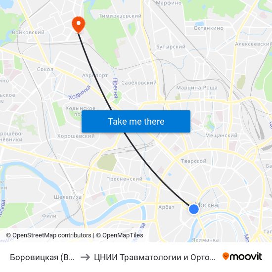 Боровицкая (Borovitskaya) to ЦНИИ Травматологии и Ортопедии им. Приорова map