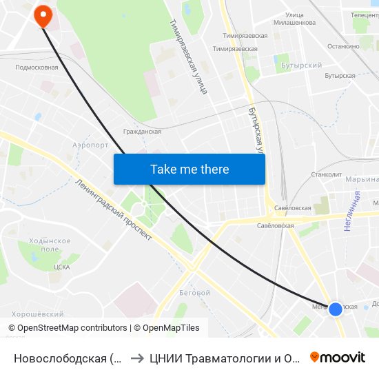 Новослободская (Novoslobodskaya) to ЦНИИ Травматологии и Ортопедии им. Приорова map