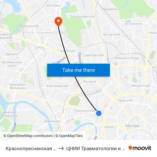 Краснопресненская (Krasnopresnenskaya) to ЦНИИ Травматологии и Ортопедии им. Приорова map