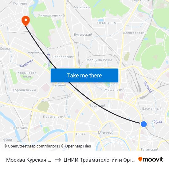 Москва Курская (Kursky Station) to ЦНИИ Травматологии и Ортопедии им. Приорова map