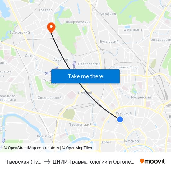 Тверская (Tverskaya) to ЦНИИ Травматологии и Ортопедии им. Приорова map