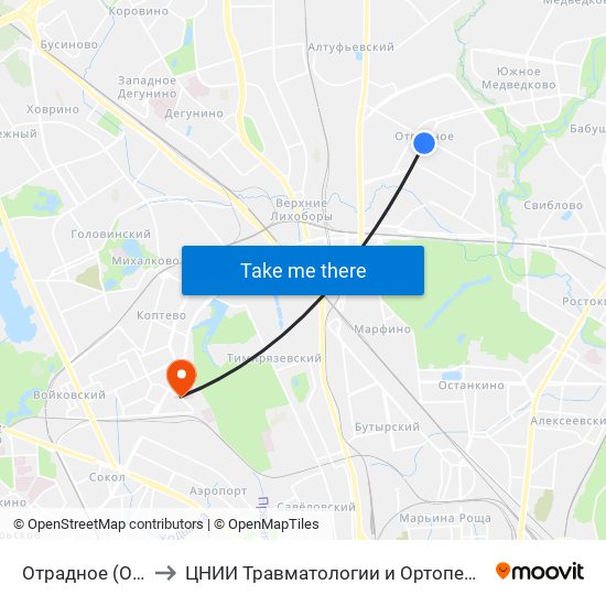 Отрадное (Otradnoe) to ЦНИИ Травматологии и Ортопедии им. Приорова map