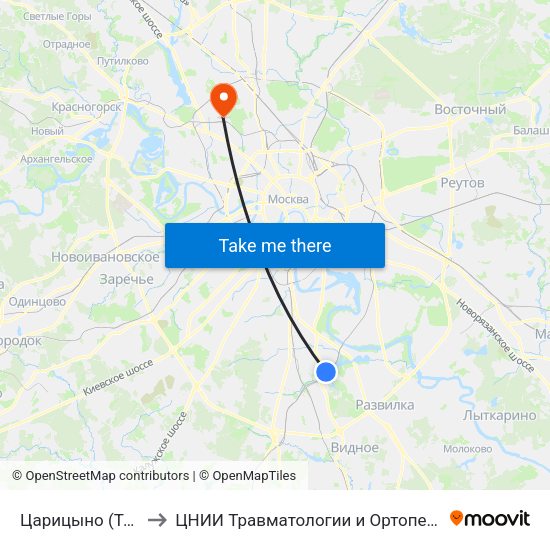 Царицыно (Tsaritsyno) to ЦНИИ Травматологии и Ортопедии им. Приорова map