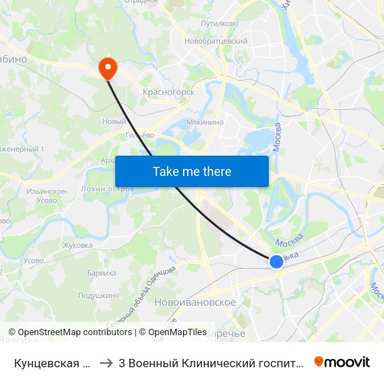 Кунцевская (Kuntsevskaya) to 3 Военный Клинический госпиталь им. Вишневского, филиал 1 map