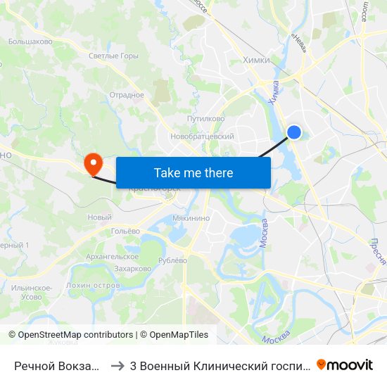 Речной Вокзал (Rechnoy Vokzal) to 3 Военный Клинический госпиталь им. Вишневского, филиал 1 map