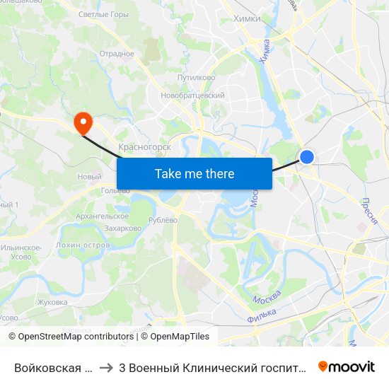 Войковская (Voykovskaya) to 3 Военный Клинический госпиталь им. Вишневского, филиал 1 map