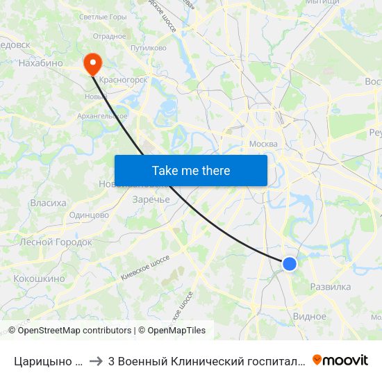 Царицыно (Tsaritsyno) to 3 Военный Клинический госпиталь им. Вишневского, филиал 1 map