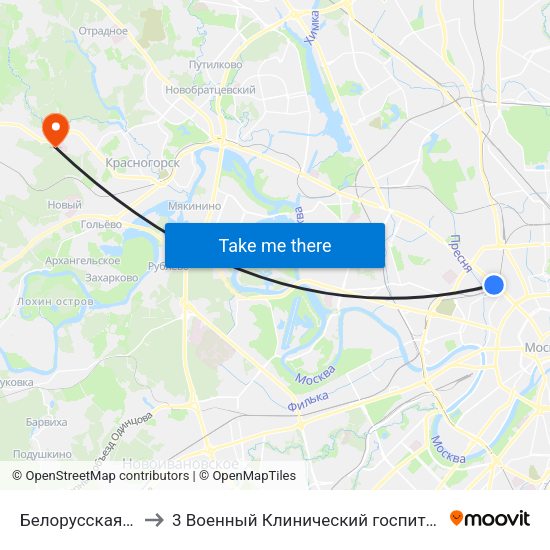 Белорусская (Belorusskaya) to 3 Военный Клинический госпиталь им. Вишневского, филиал 1 map