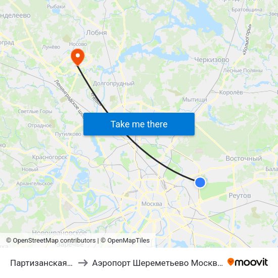 Партизанская (Partizanskaya) to Аэропорт Шереметьево Москва (SVO) (Sheremet'evo Airport) map