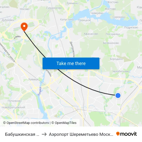 Бабушкинская (Babushkinskaya) to Аэропорт Шереметьево Москва (SVO) (Sheremet'evo Airport) map