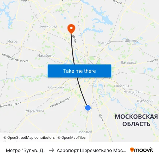 Метро "Бульв. Дмитрия Донского" to Аэропорт Шереметьево Москва (SVO) (Sheremet'evo Airport) map