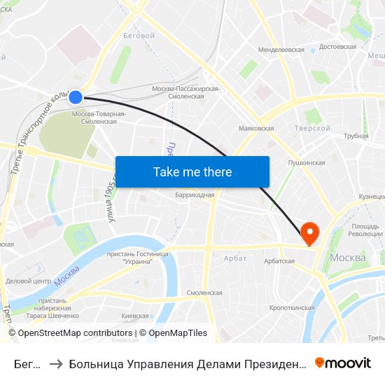 Беговая to Больница Управления Делами Президента РФ С Поликлиникой map