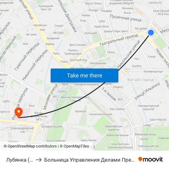 Лубянка (Lubyanka) to Больница Управления Делами Президента РФ С Поликлиникой map