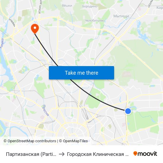 Партизанская (Partizanskaya) to Городская Клиническая больница 81 map