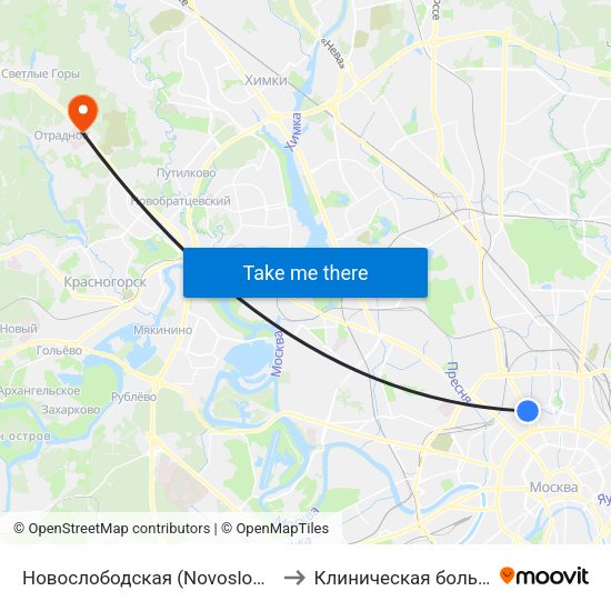 Новослободская (Novoslobodskaya) to Клиническая больница 1 map