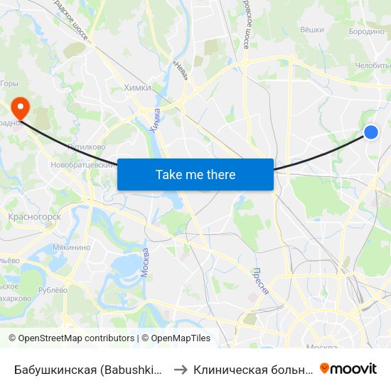 Бабушкинская (Babushkinskaya) to Клиническая больница 1 map
