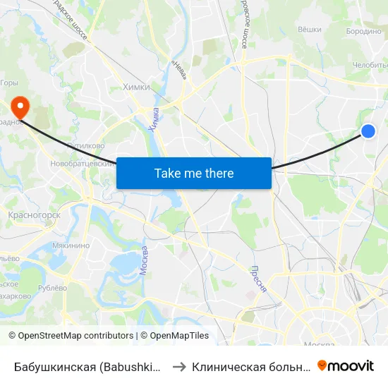Бабушкинская (Babushkinskaya) to Клиническая больница 1 map