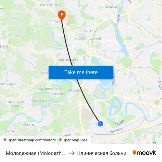 Молодежная (Molodezhnaya) to Клиническая больница 1 map