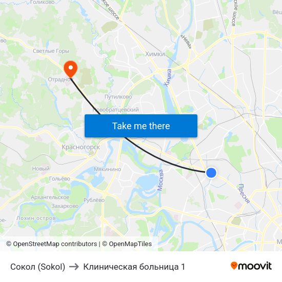 Сокол (Sokol) to Клиническая больница 1 map
