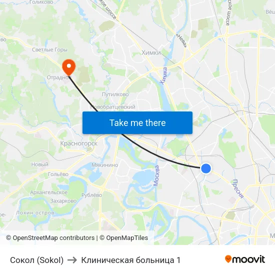 Сокол (Sokol) to Клиническая больница 1 map