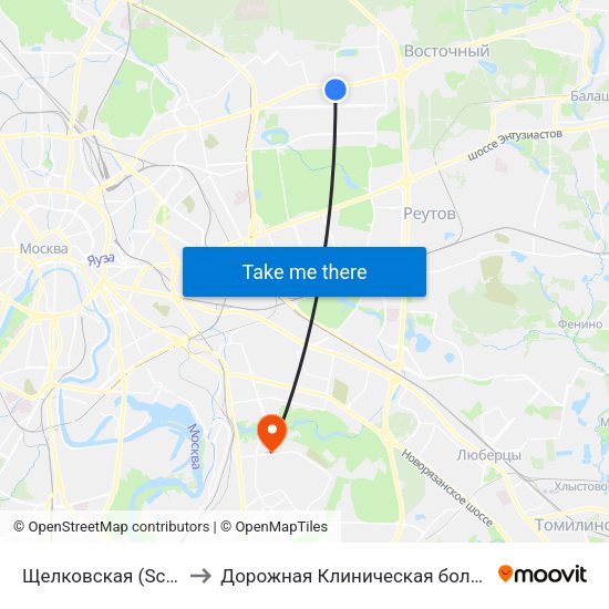 Щелковская (Schelkovskaya) to Дорожная Клиническая больница им. Семашко map