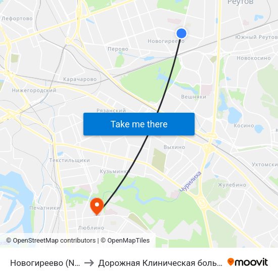 Новогиреево (Novogireevo) to Дорожная Клиническая больница им. Семашко map