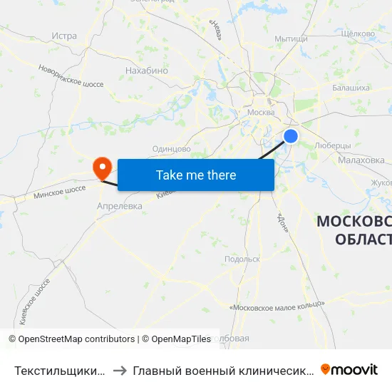 Текстильщики (Tekstilschiki) to Главный военный клиничесикй госпиталь ФСБ России map