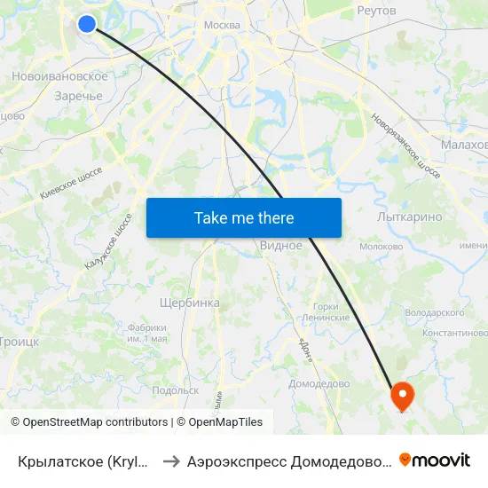 Крылатское (Krylatskoe) to Аэроэкспресс Домодедово Москва map