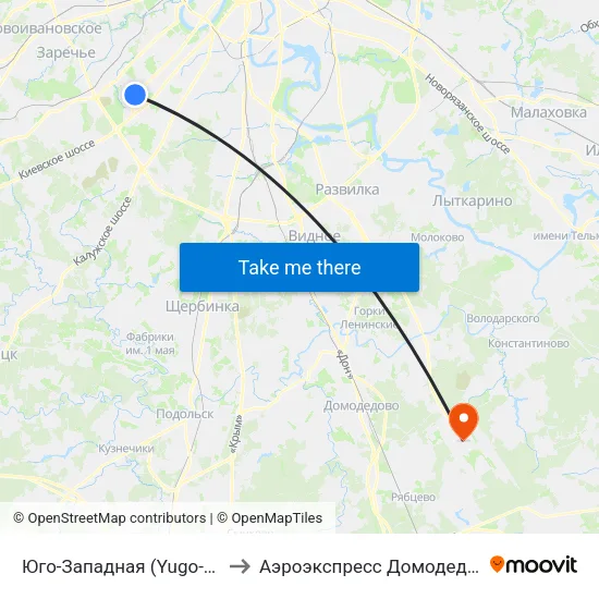 Юго-Западная (Yugo-Zapadnaya) to Аэроэкспресс Домодедово Москва map