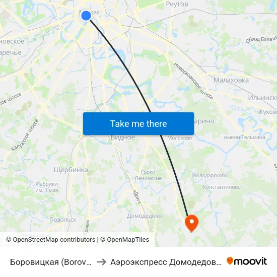 Боровицкая (Borovitskaya) to Аэроэкспресс Домодедово Москва map