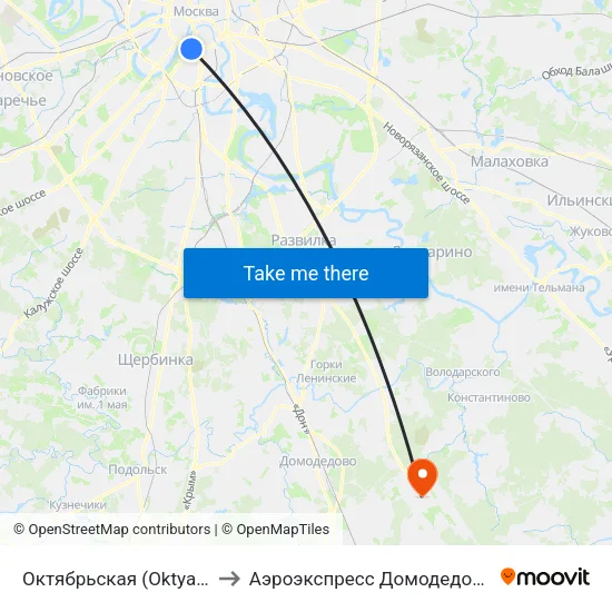 Октябрьская (Oktyabrskaya) to Аэроэкспресс Домодедово Москва map