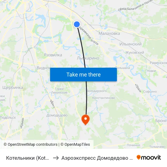 Котельники (Kotelniki) to Аэроэкспресс Домодедово Москва map