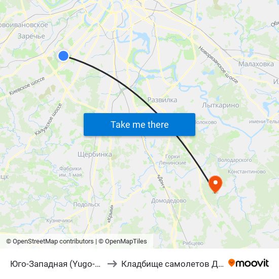 Юго-Западная (Yugo-Zapadnaya) to Кладбище самолетов Домодедово map